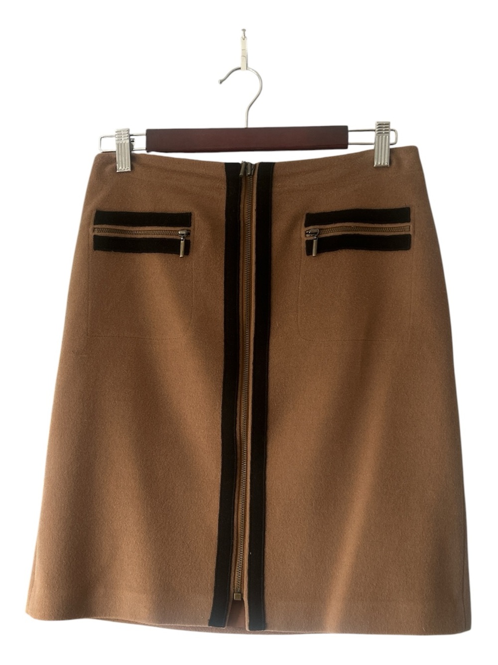 W by Worth Camel A-Line Skirt with Center Zip and Pocket Trim Cashmere Blend